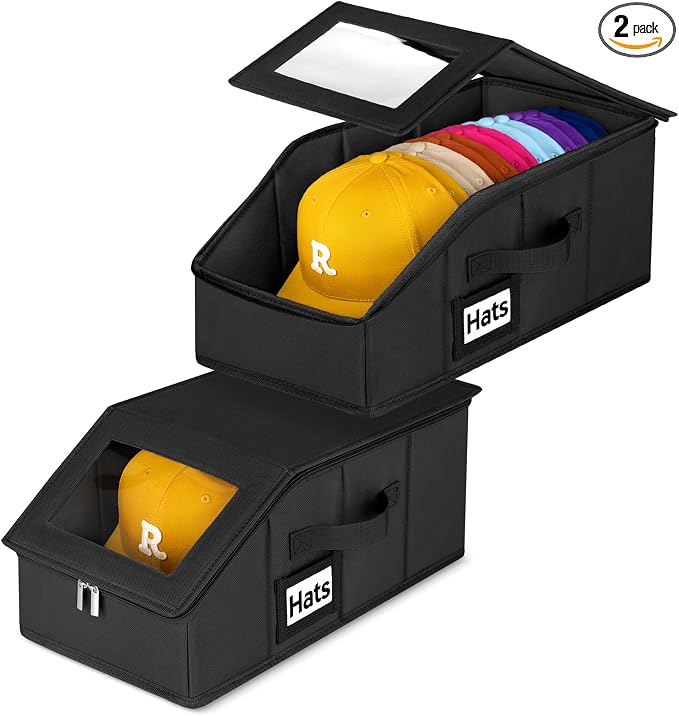 Dofilachy 2 Pack Stackable Hat Storage for Baseball Caps, Holds 28 Caps - Closet Organizer Box with Clear Window & Cardboard，Sturdy Snapback Hat Boxes for Home Storage (dark, 2)