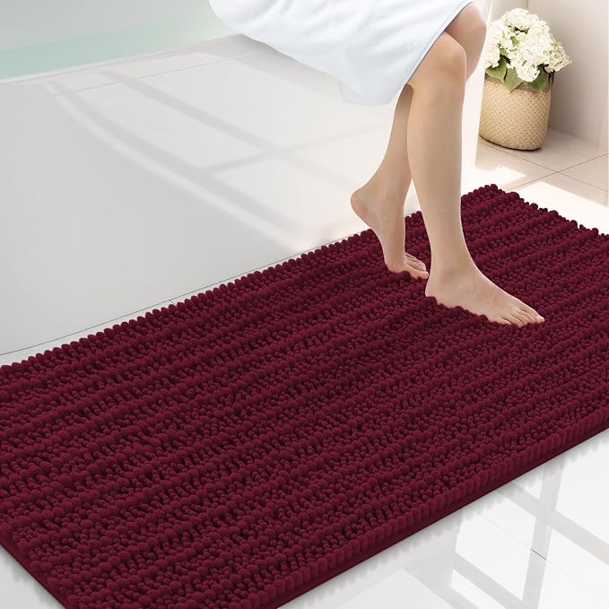 Smiry Bathroom Rugs 47X24, Extra Soft Rubber Backing Chenille Bath Mats | Burgundy Machine Washable Non Slip Quick Dry Bath Mats for Bathroom Floor, Tub, Shower, Home Decor Accessories