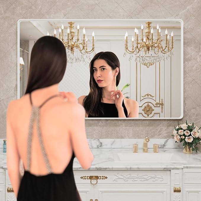 LOAAO 55x30 Inch White Metal Framed Bathroom Mirror | Rounded Rectangle Mirror, Anti-Rust, Tempered Glass, Hangs Horizontally or Vertically