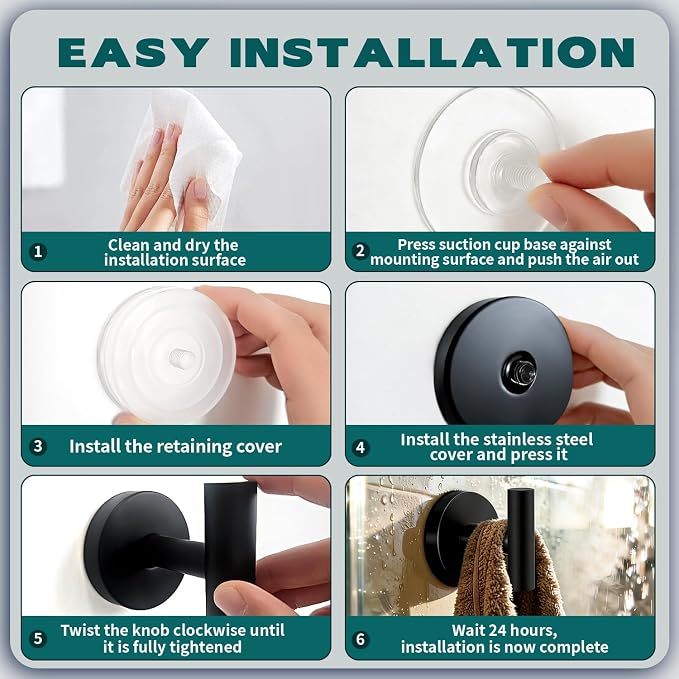 Suction Cup Hooks for Shower - Heavy Duty Matte Black Bathroom Hooks for Glass Door, 4 Pack No Drill & No Damage Waterproof Hooks for Tile, Rustproof for Towels & Door Wreaths