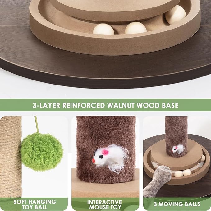 35" Sisal Rope Cat Scratching Post, Palm Leaf Cat Tree with Hanging Ball & Mouse Toy for Kittens & Adult Indoor Cats
