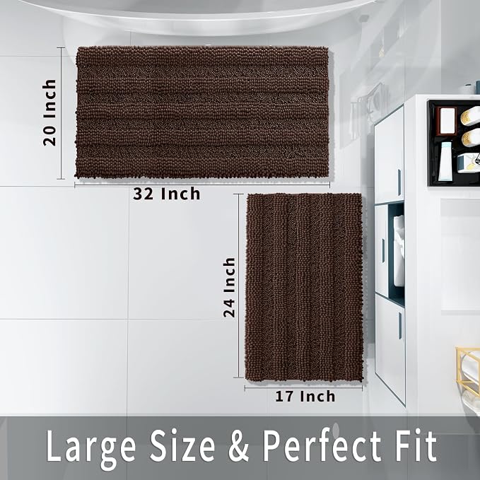 Yimobra Bathroom Rug Set 2 Piece, Absorbent Chenille, 32x20+24x17, Brown | Non Slip Machine Washable Quick Dry Bath Mat Set, Soft Plush Shower Rugs for Bathroom Floor Sink Tub and Shower Outside