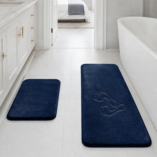 Bathroom Rugs Sets 2 Piece, Non-Slip & Quick Dry Bath Mat Set, Ultra Soft Velvet Bath Rugs for Bathroom, Toilet and Shower Floor, Navy