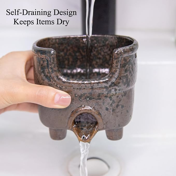 Ceramic Sponge Holder with Drainage, Vintage Sink Caddy | Self-Draining Organizer for Sponge, Soap & Brush, Handmade Kitchen Countertop Decor (Rust Reactive Glaze)