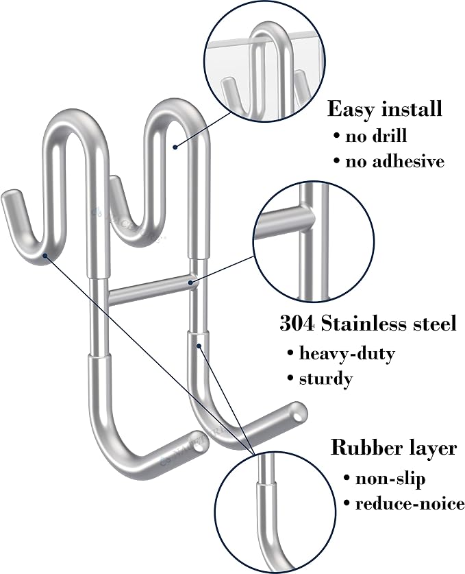 NACETURE Double Shower Door Hooks - Shower Hook Over The Door Towel Hook for Frameless Glass, Bathroom Hooks for Squeegee Rack, Robe, Organize (2 Pack)