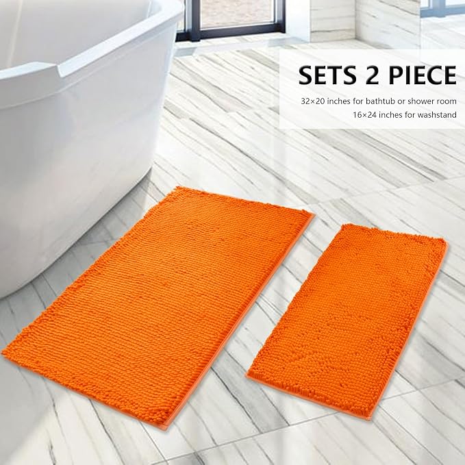 BOANKODU Bathroom Rugs Sets 2 Piece, Extra Soft Chenille Bath Mat Ultra Absorbent Bathroom Rug, Bathroom Mat with Non-Slip Bottom, Machine Washable Bath Rugs (20x32 Inch + 16x24 Inch, Orange)