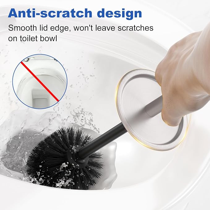 304 Stainless Steel Heavy Duty Toilet Bowl Brush，Removable Inner Bowl and Splash Protection，Bathroom Toilet Brush-Dense Bristles for Through Cleaning