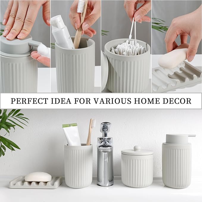 BosilunLife Light Grey Ceramic Bathroom Accessories Set of 4 | Bathroom Decor Sets Accessories Bathroom Foam Soap Dispenser and Toothbrush Holder Set, Soap Dish, Apothecary Jars.(Foam)