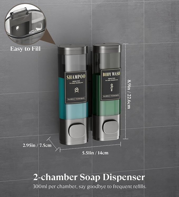 Luxspire Shampoo and Conditioner Dispenser, Shower Soap Dispenser 2-Chamber | Lockable Large Capacity 600ml No-Drill Wall-Mounted Shampoo and Body Wash Dispenser for Bathroom Hotel Kitchen Airbnb