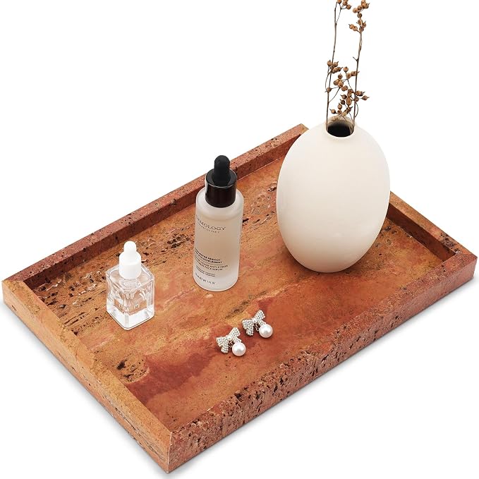 Real Natural Marble Tray for Bathroom, Vanity, Kitchen and Desktop, Rectangle Genuine Marble Stone Tray for Jewelry, Cosmetics, Candles, Lotion, Perfume (Red, 12" x 8" x 1.2")