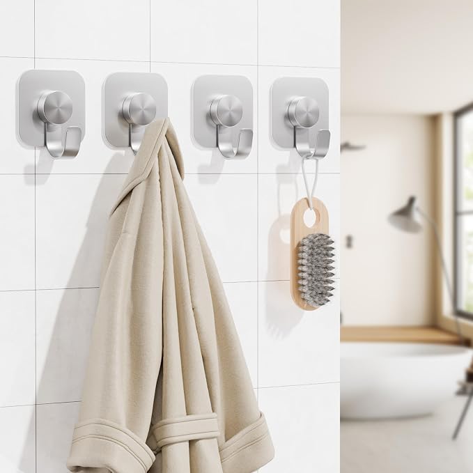 Aikzik 4 Pack Large Heavy Duty Wall Hooks - 26lb Max, Stainless Steel Adhesive Towel Hooks for Hanging Towel, Coat, Robe, Sticky Towel Holder for Wall Mount in Bathroom, Kitchen, Shower, Door - Silver