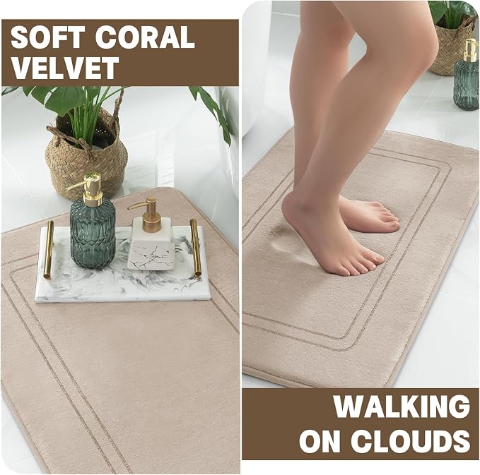 YIHOUSE Memory Foam Bath Mat Set, Bathroom Rugs Sets 3 Pieces, Non Slip Bath Mats for Bathroom, Super Soft and Water Absorbent Bath Rug Set, Machine Washable U Shape Toilet Rug,Beige