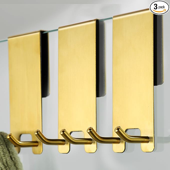 Taozun Towel Hooks for Bathrooms - Over Shower Door Hooks for Towels on Frameless Glass, Gold Stainless Steel, 3-Pack
