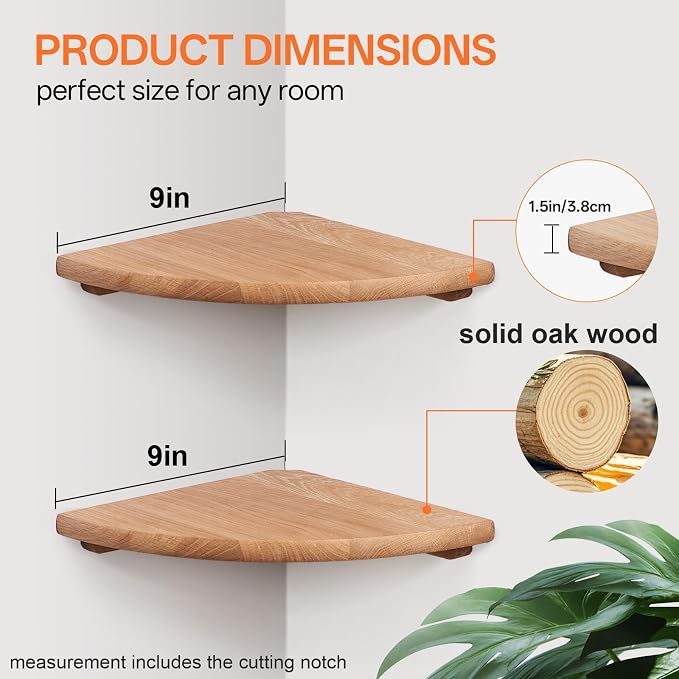 Gieanoo Floating Corner Shelves for Wall Set 2 9inch Solid Oak Rounded Corner Shelves Wall Mounted with Cable Hole Wood Corner Hanging Shelves for Living Room Bedroom Bathroom Kitchen