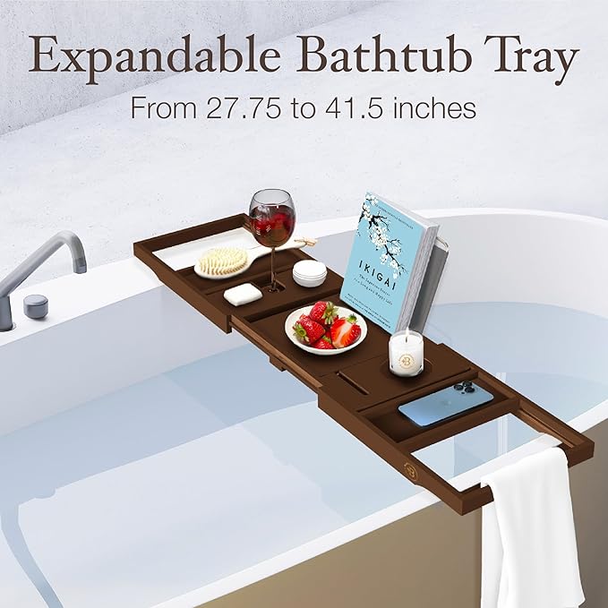 Bambüsi Bathtub Tray for Tub - Brown Bamboo Bath Tray, Expandable Wooden Bath Caddy Tray with Wine Holder, Book and Tablet Stand, Bathroom Accessories, Tub Table, Spa Bath Gifts for Women and Couples