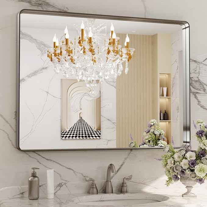 LOAAO 40X24 Inch Brushed Nickel Bathroom Mirror | Rounded Rectangle, Silver Metal Frame, Anti-Rust, Hangs Horizontally or Vertically