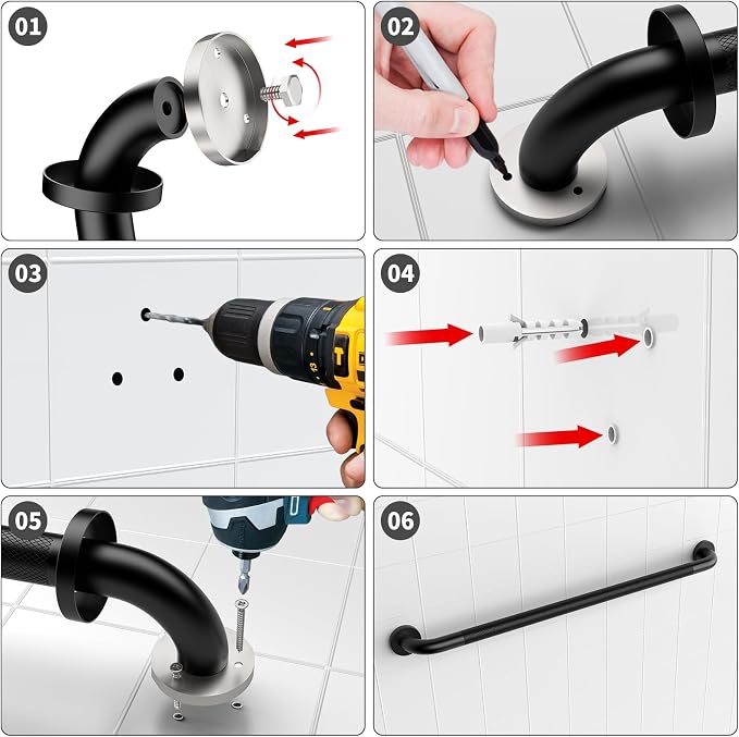36 Inch Black Shower Grab Bar with Anti-Slip Knurled Grip,YuanDe Stainless Steel Bathroom Grab Bars，Shower Handrail Support, Handicap Elderly Balance Assist Handles