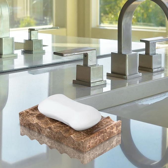 Luxury Marble Soap Dish Tray,Rectangle Stone Marble Soap Tray,Self Draining Soap Holder for Bathroom, Kitchen (Light Brown)