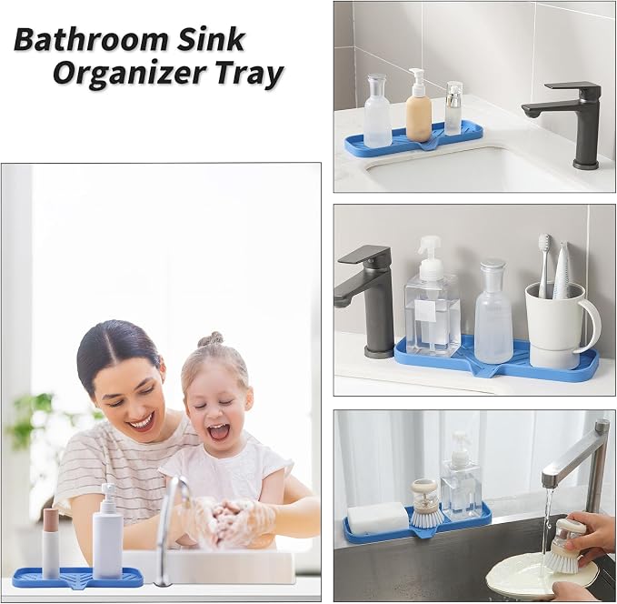 MicoYang Silicone Soap Dish with Drain Spout — Self-Draining Double Sink Organizer Tray for Kitchen & Bath, Dispensers, Sponges & Soap Holder, Non-Slip & Dishwasher Safe, Lichen Blue (Large, 12"×4")