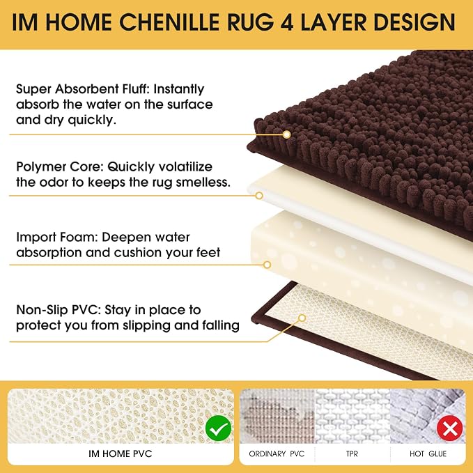 ACCUMTEK Extra Long Upgrade Luxury Brown Bathroom Rug Mat 70"x24", Ultra Soft Thick Absorbent Bath Mats, Non Slip Chenille Toilet Mat for Bathroom, Bedroom, Kitchen, Shower, Tub