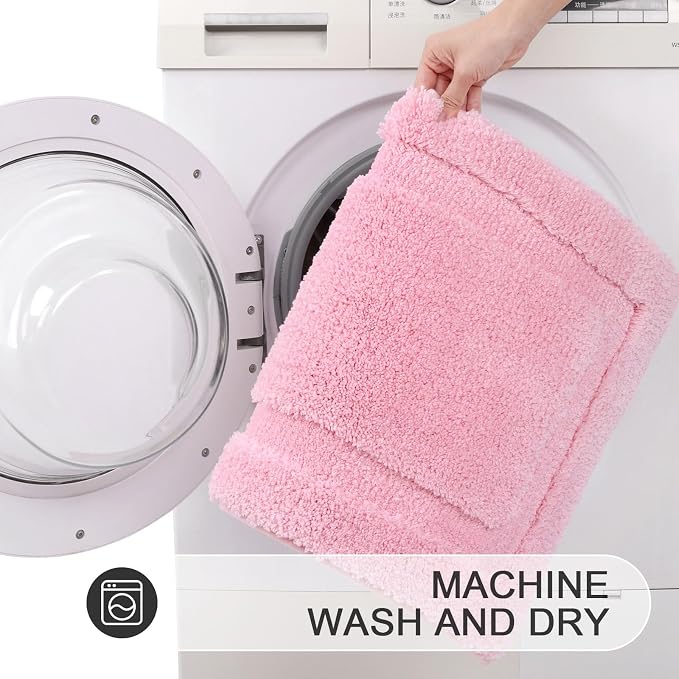 SHACOS 3 Pieces Bath Rugs Set with Toilet Lid Cover Soft Absorbent | Bath Mats U Shape Contour Rug Toilet Cover Absorbent Non Slip Machine Washable Plush Bathroom Rug (Pink)