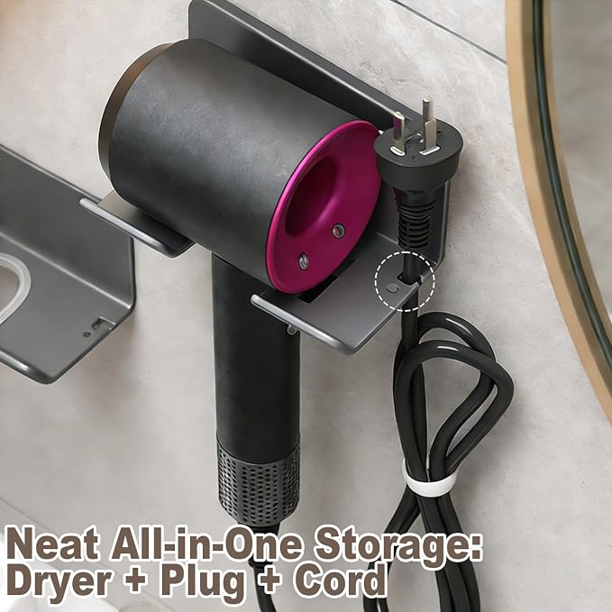 Aluminum Hair Dryer Holder Wall Mount,Self-Adhesive Blow Dryer Hanger with Cord Organizer & Anti-Scratch Strip, No Drilling for Bathroom Cabinet Door Vanity, Universal Fit for All Hair Dryers