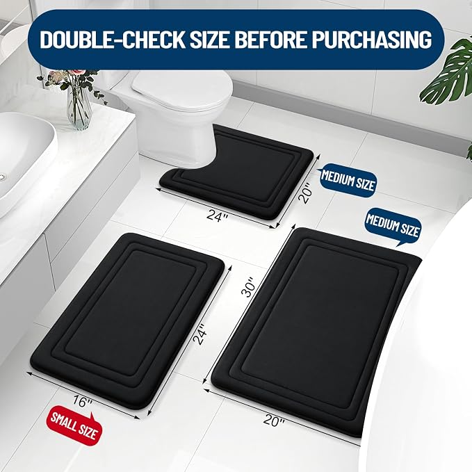 Grandaily Memory Foam Bath Mat Rug 59x34, Ultra Soft, Non-Slip and Absorbent Bathroom Rugs, Machine Wash Dry, Comfortable Bath Carpet for Bathroom Floor, Tub and Shower, Black