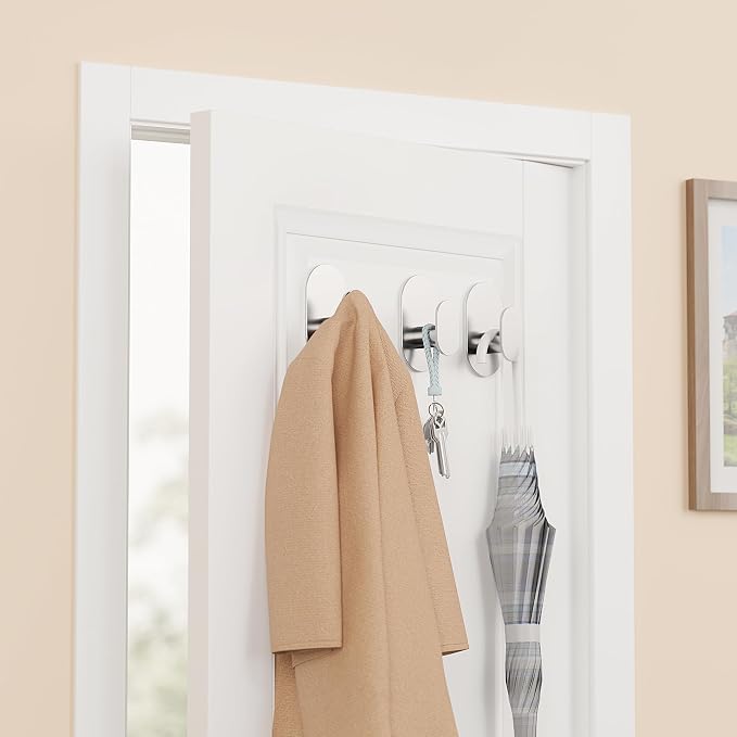 Aikzik Adhesive Towel Hooks - 26LB Heavy Duty Wall Sticky Waterproof Hooks for Hanging Coat, Towel, Robe, Wall Mount Stainless Steel Hooks for Bathroom or Kitchen (Silver, 2 Pack)