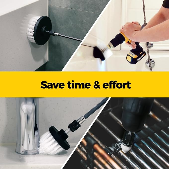 Holikme 6Pack Drill Brush Power Scrubber Cleaning Brush Extended Long Attachment Set All Purpose Drill Scrub Brushes Kit for Grout, Floor, Tub, Shower, Tile, Bathroom and Kitchen Surface White | 5 head sizes, white nylon fibers, power scrubber attachme...
