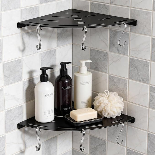 Shower Corner Shelf 304 Stainless Steel Shower Caddy 2 Tier Shower Organizer Niche with Extra 6 Hangers Shelves 40 lbs Large Capacity Shower Shelf for Inside Anti-Rust Drilling Installation(Black)