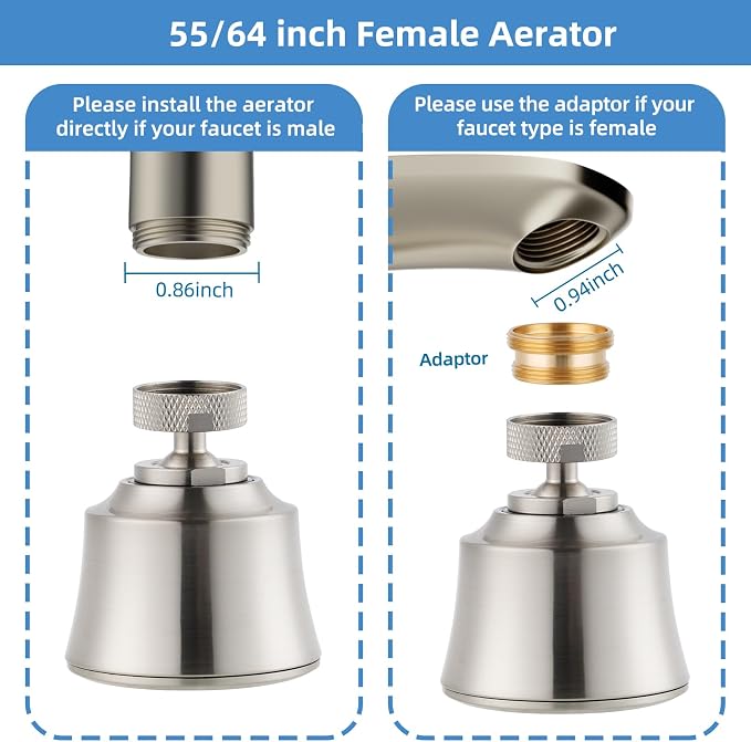Hygie Rinse Kitchen Sink Faucet Head Replacement, 4 Spray Faucet Sprayer Attachment with Big Angle Swivel, 55/64-27UNS Famale Thread, Male Thread Adapter Included, Brushed Nickel
