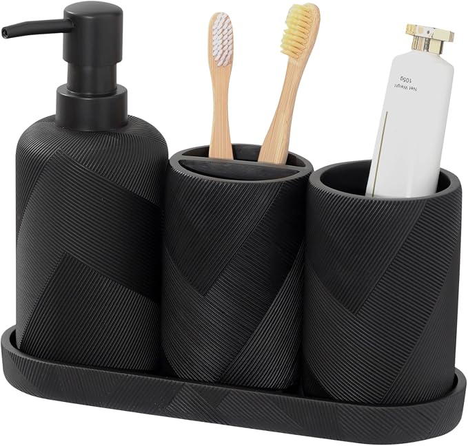 Bathroom Accessories Set, Bathroom Organizer Countertop, Matte Black, 4 PCS | Modern,Simple,Stripe, With 10OZ Soap Dispenser, Toothbrush Holder, Mouthwash Cup, Vanity Tray for Bathroom Home Hotel Office