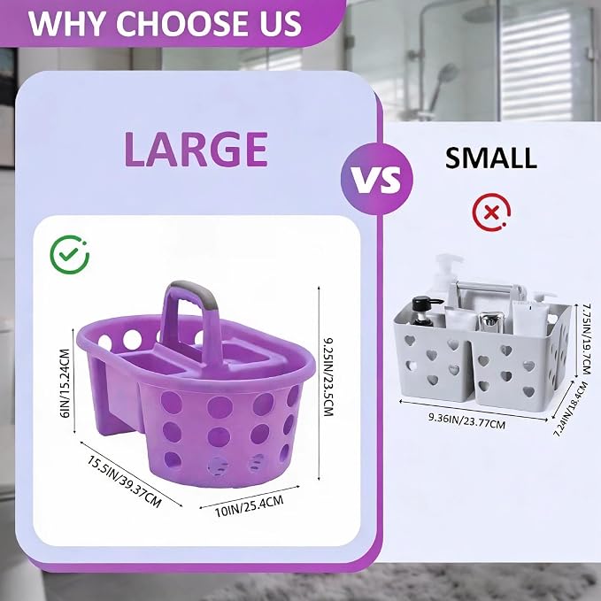 SIMPLYKLEEN Large Shower Caddy Portable 2PC - Made in USA Plastic Jumbo Size Dorm Storage Candy Tote with Handle Shower Organizer for Bathroom, Pantry, Kitchen, College Dorm, Orange/Purple