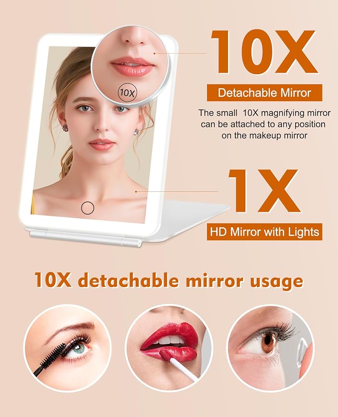 FUNTOUCH Rechargeable Travel Makeup Mirror with Lights 10X Magnifying | Portable Lighted Vanity Mirror with 80 Led,2000mAh Battery,3 Color Lighting,Touch Dimming,Tabletop Light up Mirror