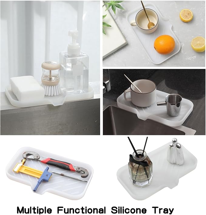 MicoYang Silicone Soap Dish with Drain Spout — Self-Draining Sink Organizer Tray for Bathroom & Kitchen, Sponges, Dispensers & Soap Holder, Non-Slip & Dishwasher Safe, Translucent (Medium, 9.6"×5.3")
