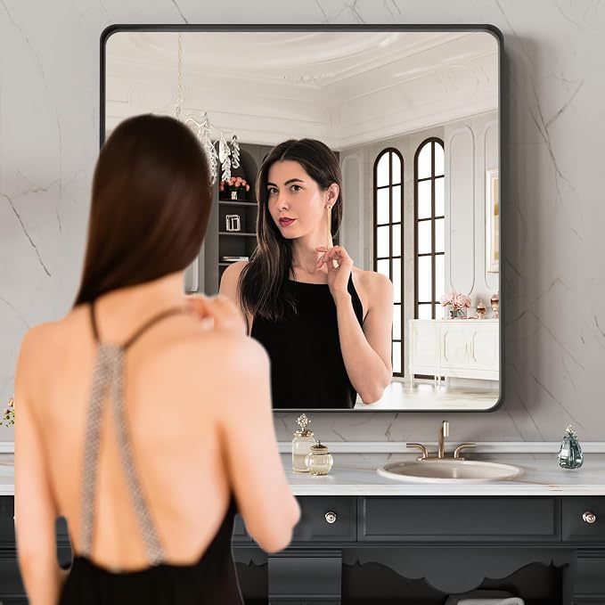 LOAAO 40X38 Inch Black Metal Framed Bathroom Mirror for Wall | Matte Black Bathroom Vanity Mirror, Anti-Rust, Tempered Glass, Hangs Horizontally or Vertically
