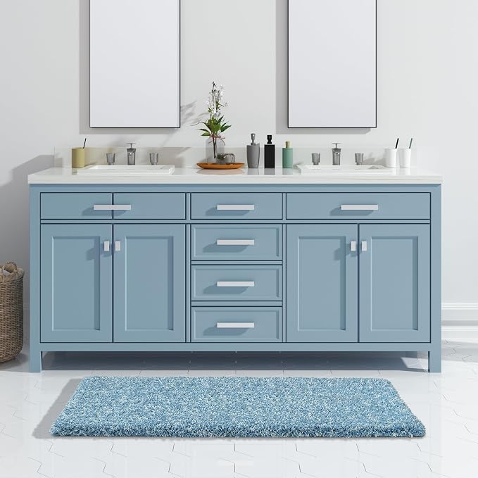 Yimobra Luxury Bathroom Rugs, Fluffy Bath Mats, Non Slip, Water Absorbent Microfiber, Machine Washable, Plush Runner Shower Rugs, Thick Matts for Bathroom Floor&Tub, 56" X 24", Denim Blue and White
