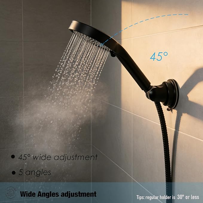 Hand held Showerhead Holder Wall Mounted with Suction Cup - Reusable- Wide Anlge Adustable Shower Hose Holder (Matte Black)