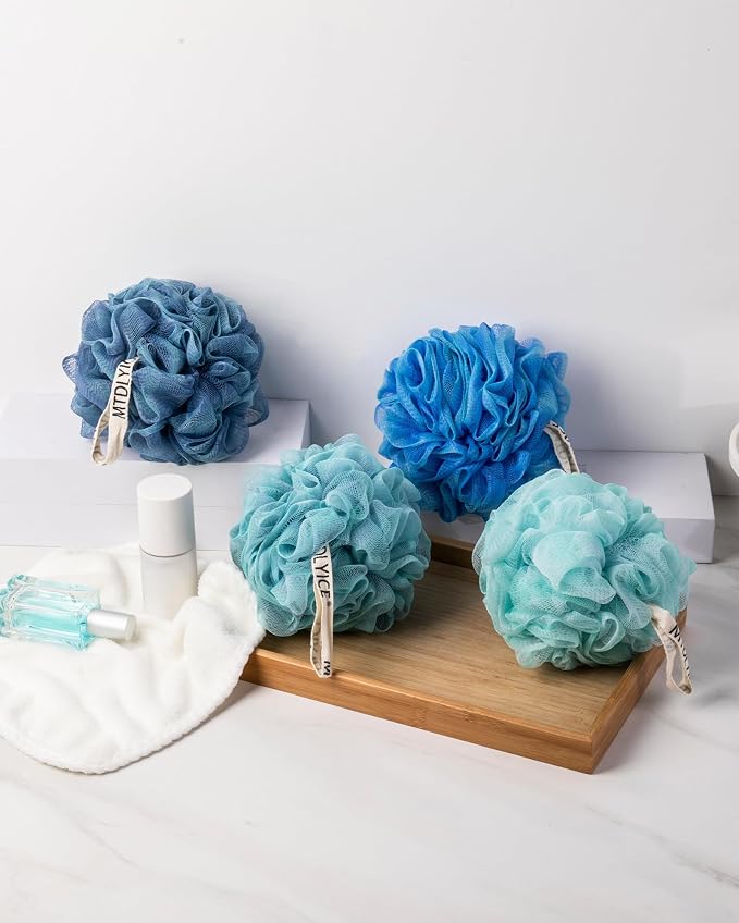 MTDLYICE Loofah Sponge, XXL Large Loofah 100g 4 Pack, Bath Sponge Soft Mesh Shower Loofah for Men, Body Scrub, Shower Pouf Bath Accessories, for Body Wash, Soap (Blue)