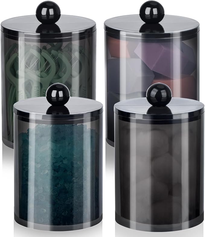 4 Pcs Acrylic Qtip Holder, Cotton Ball Holder Jars with Lids, Black | Apothecary Jars for Cotton Swabs, Balls, Pads and Floss Picks, Bathroom Vanity Organizer
