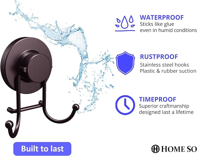 HOME SO Suction Cup Hooks for Shower & Bathroom Towel Holder 2-Pack – Suction Cups Hooks for Hanging Towels, Robes, & Coats - Tiles, Glass Door or Mirror – Shower and Towel Hooks - Bronze, Stainless