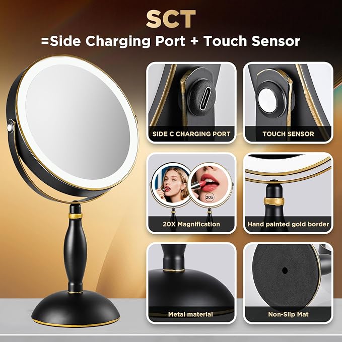 Lighted Makeup Mirror, 20x Magnifying - Matte Black with Gold Trim | Rechargeable Double Side Vanity Mirror, 3 Colors with Brightness Adjustable, Modern Style Side Touch & Charge, Women Gift