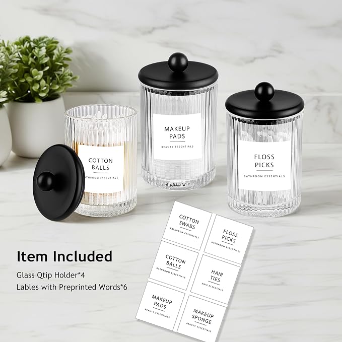 SheeChung 4 Pack Ribbed Glass Qtip Holder with Black Metal Lids | Apothecary Jars Bathroom Organizer Countertop Vanity Canister Set for Cotton Swabs, Rounds, Floss Picks-Modern Luxury Decor