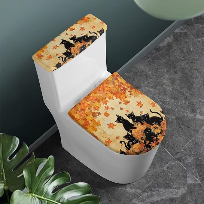 Black Cat Toilet Lid Covers for Bathroom Set, Pumpkin Toilet Seat Lid Cover Maple Leaf Pattern, Lightweight Bathroom Autumn Decor