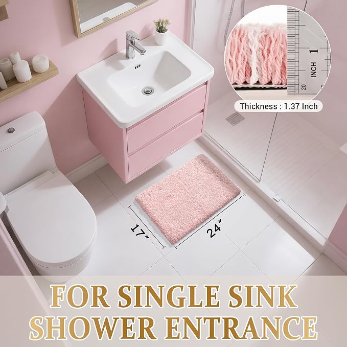 Yimobra Light Pink and White Bathroom Rugs Non Slip Washable, Ultra Soft and Water Absorbent Bath Mats, Plush Fluffy Shower Mat Outside, Microfiber Thick Matts for Bathroom Floor/Sink, 24x17