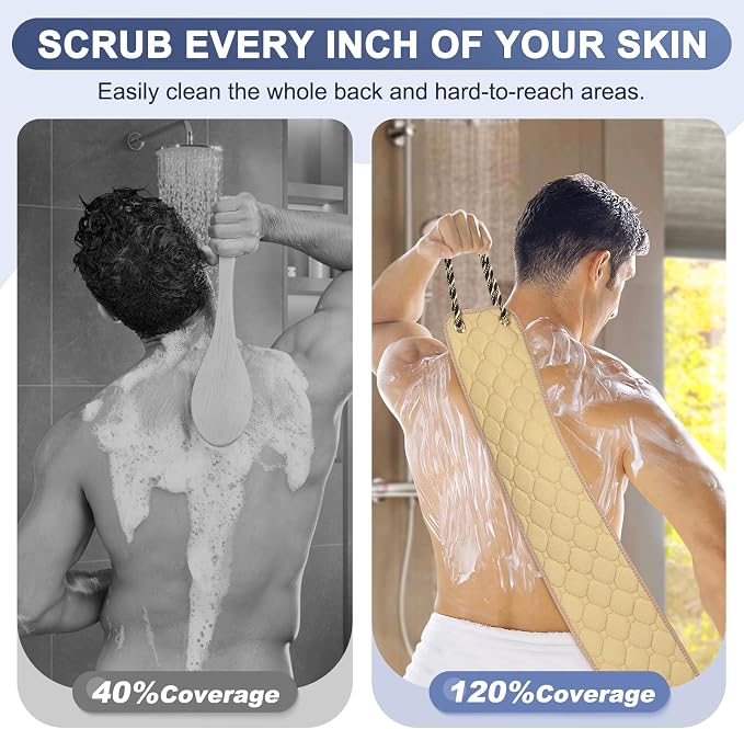 eaxun 38.5 Inch Exfoliating Back Scrubber with Dual Handles for Shower | Wider Dual-Sided Bath Washer for Deeper Cleansing, Full Back Coverage Exfoliator without Straining for Men & Women