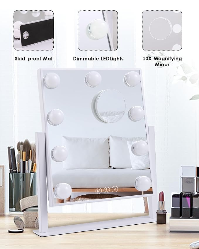BWLLNI Lighted Makeup Mirror, White Vanity Mirror with Lights,9 LED Bulbs | Hollywood Mirror Touch Control Design 3 Colors Dimable LED Bulbs, Detachable 10X Magnification, 360°Rotation,12" L x 14" W