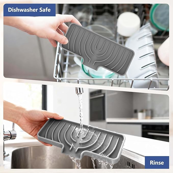 JACZZO Silicone Sponge Holder for Kitchen Sink, (10x4 In) Sink Caddy with Drain Spout, Self Draining Soap Tray & Organizer, Kitchen Accessories,Bathroom Organizer, Easy to Clean (Grey)