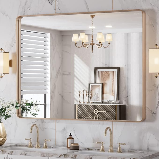 LOAAO 40"X30" Gold Bathroom Mirror | Rounded Rectangle, Brushed Gold Frame, Wall-Mounted, Anti-Rust, Tempered Glass, Hangs Horizontally or Vertically
