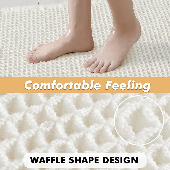 MIULEE Set of 2 Waffle Bathroom Rugs Boho Bath Mat White 18x30 Inch | Non Slip, Super Absorbent, Washable, Ultra Soft, Rubber Backed Bath Rugs for Bathroom Floor Tub Shower